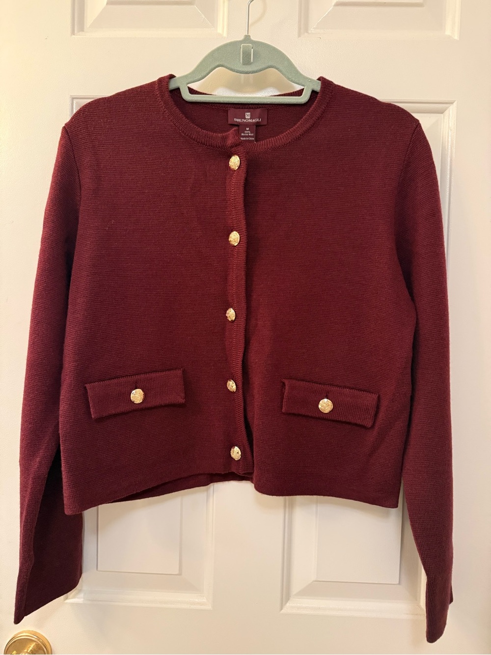 Bruno Magli Burgundy Merino Wool Cardigan with Gold Buttons